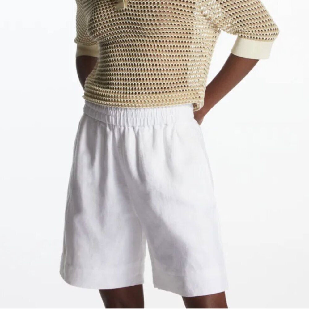 COS Elasticated White 100% Linen Oversized Relaxed High Rise Shorts Large